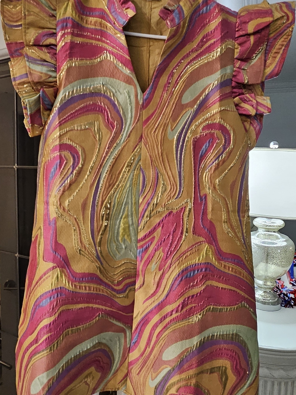 Vibrant Swirl Print Ruffled Sleeve Dress - Mustard & Pink